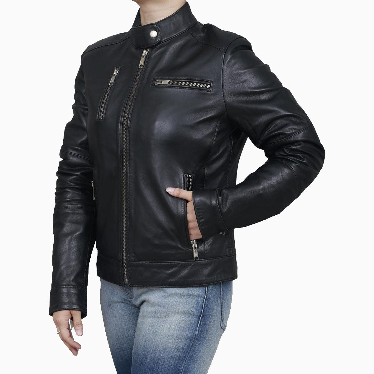 Veste motard classique en cuir noir pour femme