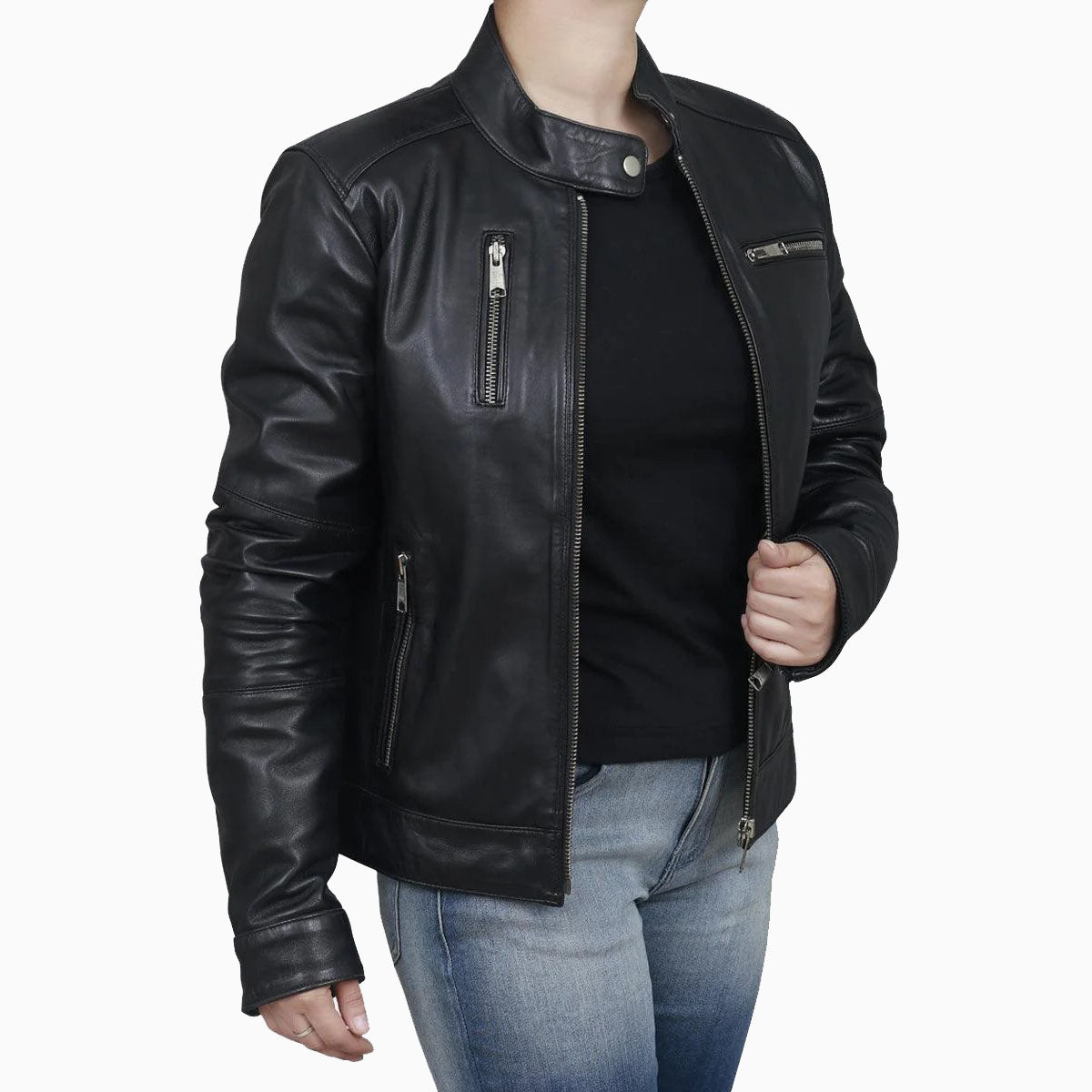 Veste motard classique en cuir noir pour femme