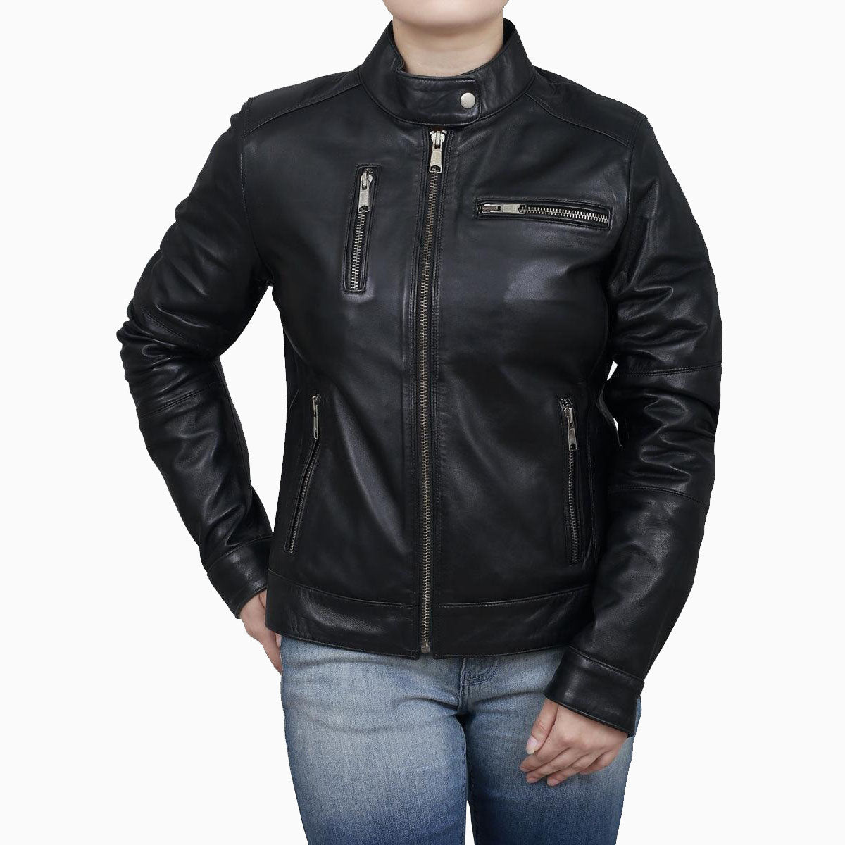 Veste motard classique en cuir noir pour femme