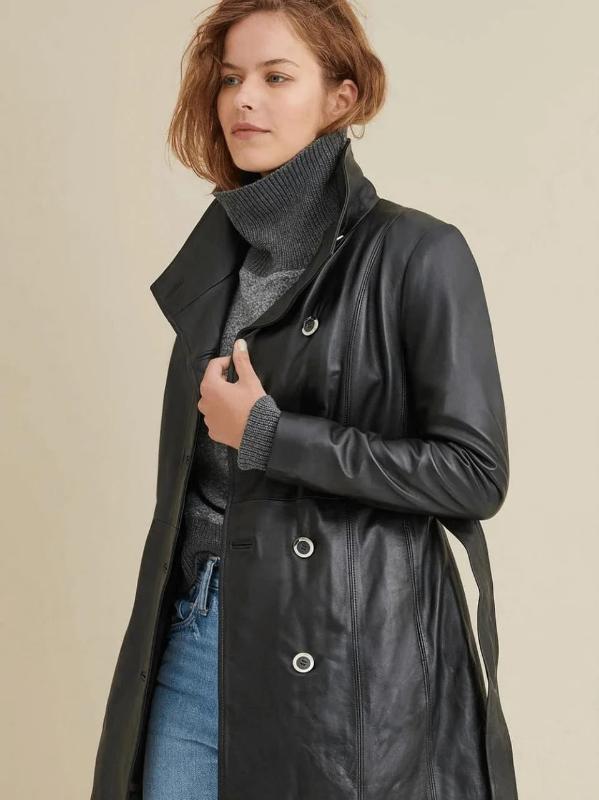 Manteau en cuir noir uni pour femme