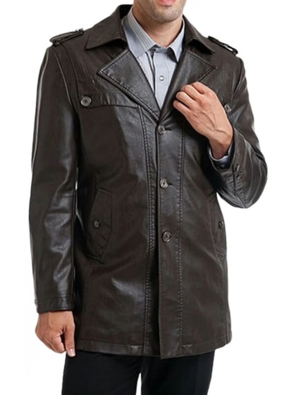 Manteau de moto en cuir noir à simple boutonnage pour homme