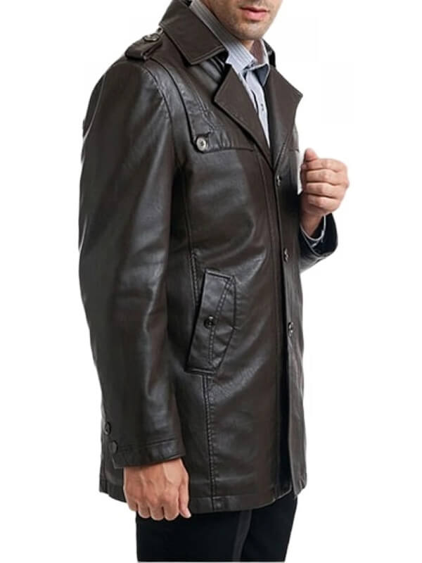 Manteau de moto en cuir noir à simple boutonnage pour homme