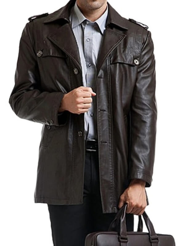 Manteau de moto en cuir noir à simple boutonnage pour homme