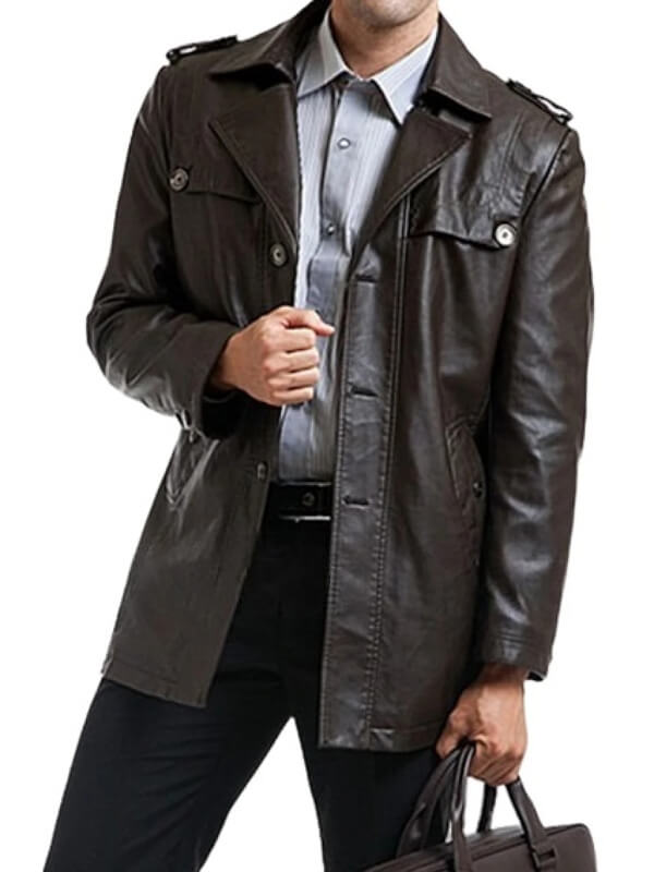 Manteau de moto en cuir noir à simple boutonnage pour homme