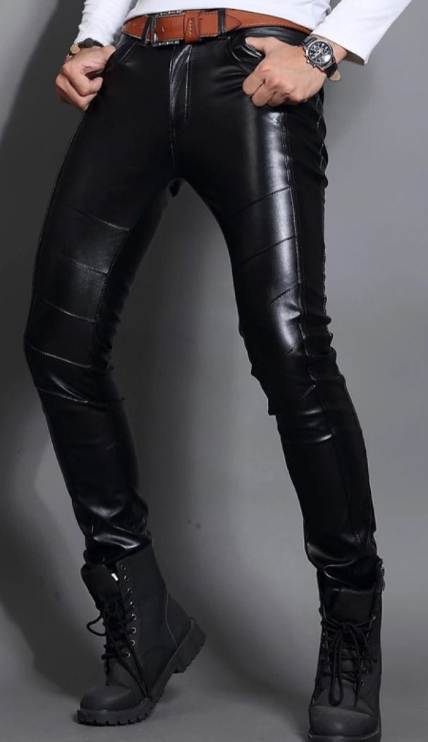 Skin Tight Black Leather Motorcycle Pants for Men