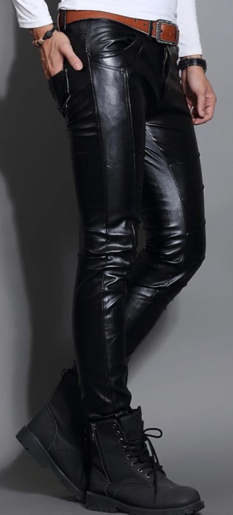 Skin Tight Black Leather Motorcycle Pants for Men