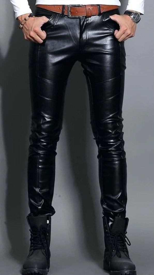 Skin Tight Black Leather Motorcycle Pants for Men