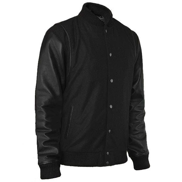 Sleek Noir Black Leather Varsity Jacket