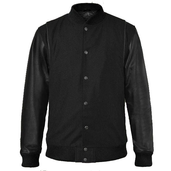 Sleek Noir Black Leather Varsity Jacket