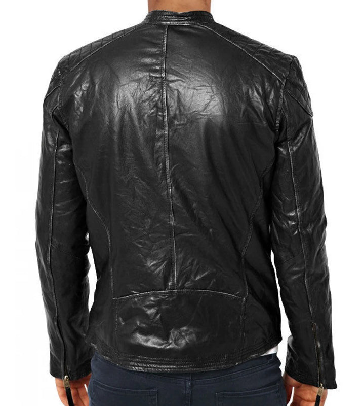 Veste de motard en cuir noir pour homme coupe slim