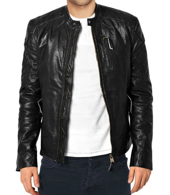 Veste de motard en cuir noir pour homme coupe slim