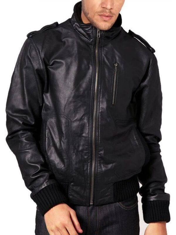 Veste bomber zippée sur le devant en peau de mouton souple pour homme