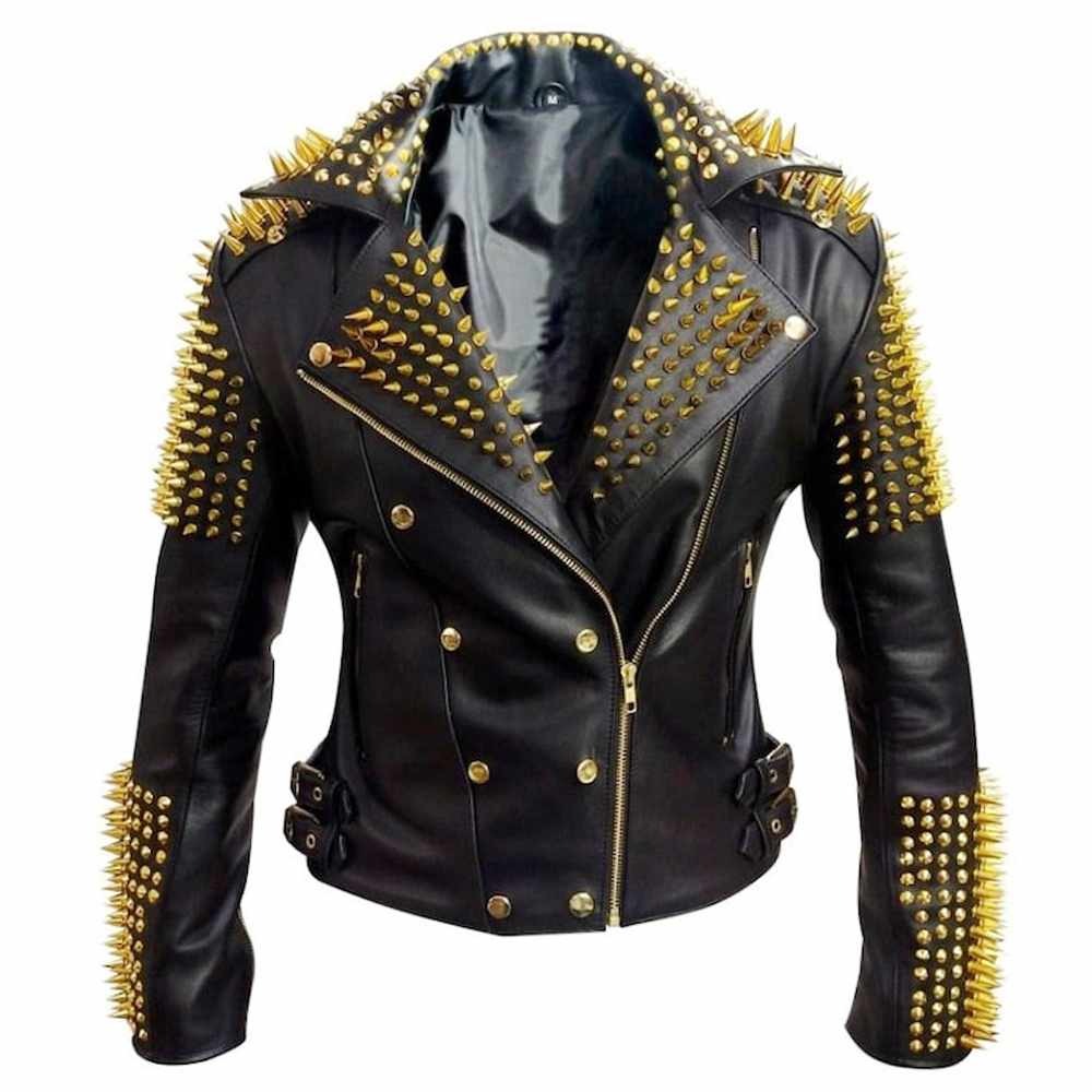 Goldene Nietenbesetzte Heavy Metal Spikes Motorrad Lederjacke für Herren