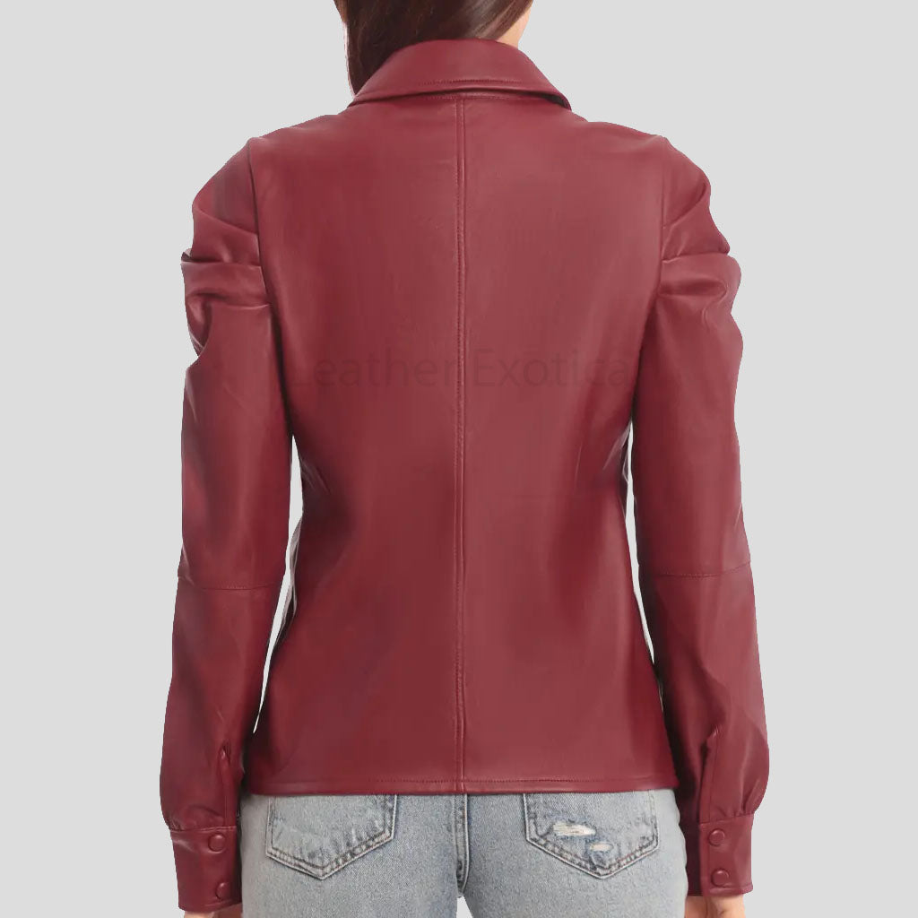 Chemise en cuir rouge élégante à manches bouffantes pour femme