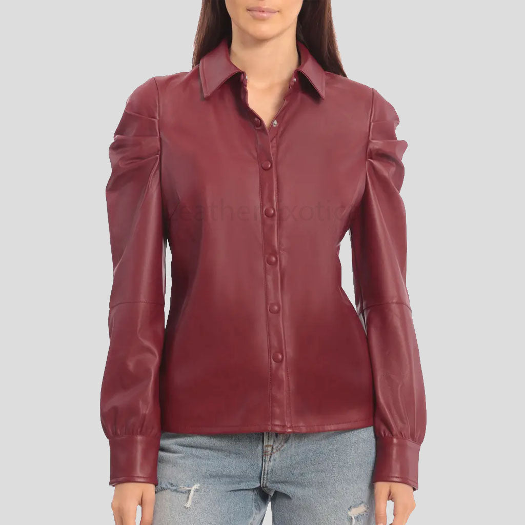 Chemise en cuir rouge élégante à manches bouffantes pour femme