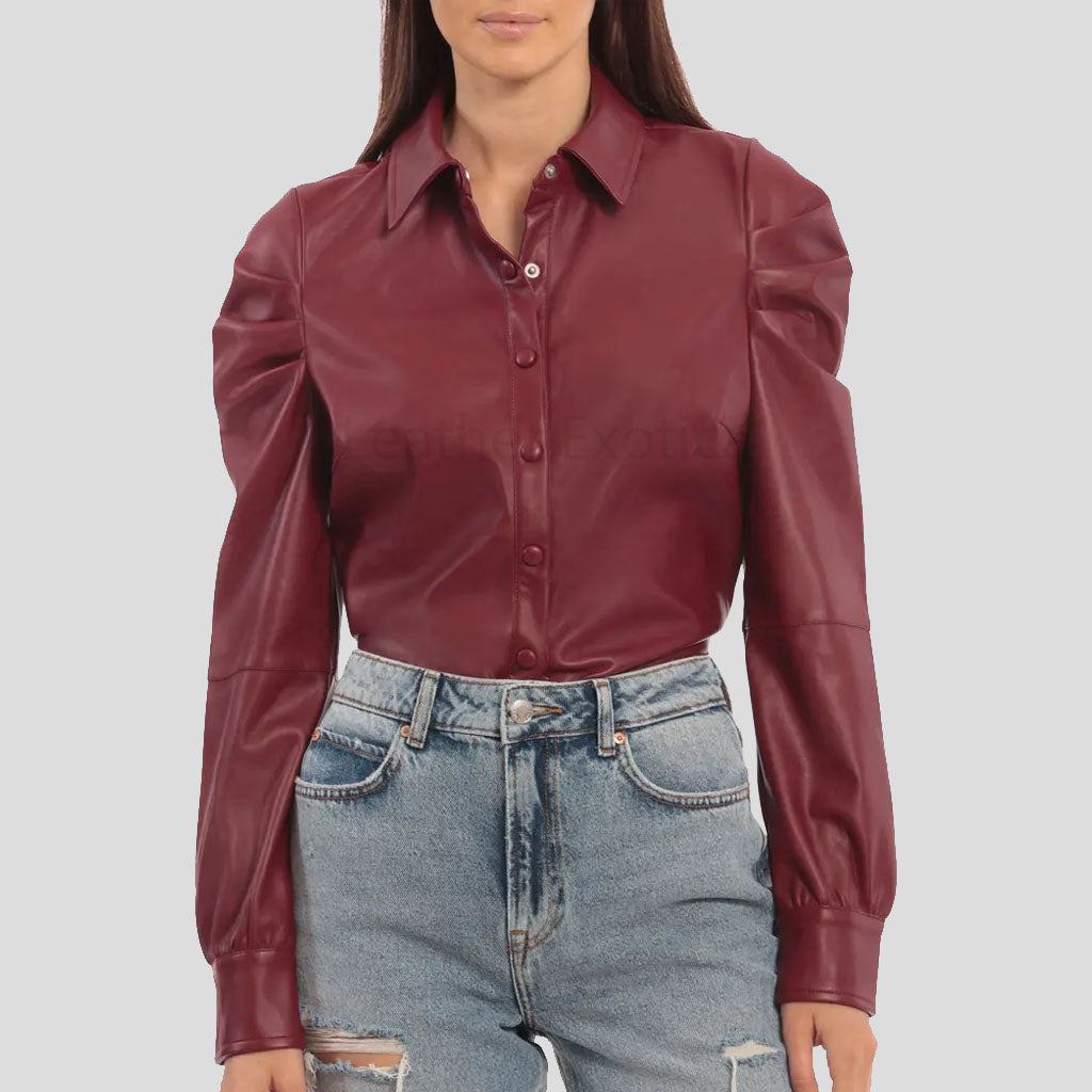 Chemise en cuir rouge élégante à manches bouffantes pour femme