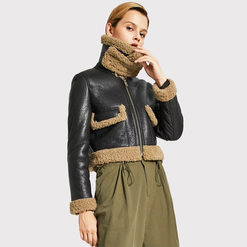 Veste élégante en cuir noir pour femme avec col en peau de mouton marron