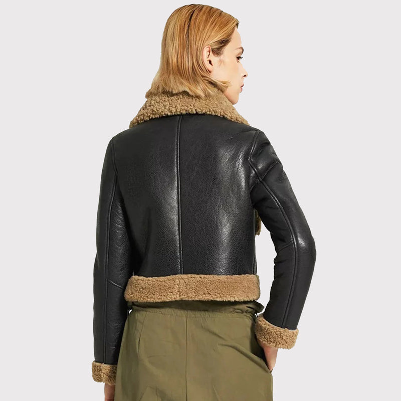 Veste élégante en cuir noir pour femme avec col en peau de mouton marron