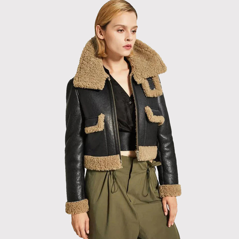 Veste élégante en cuir noir pour femme avec col en peau de mouton marron