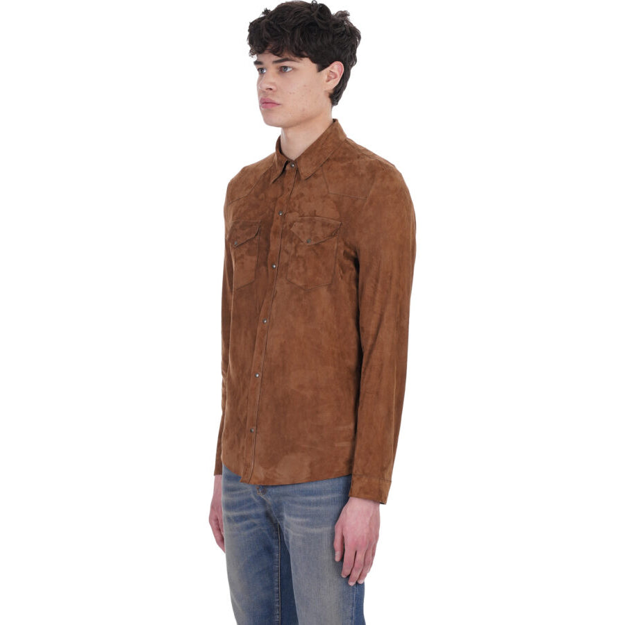 Tan Brown Suede Leather Shirt Men's