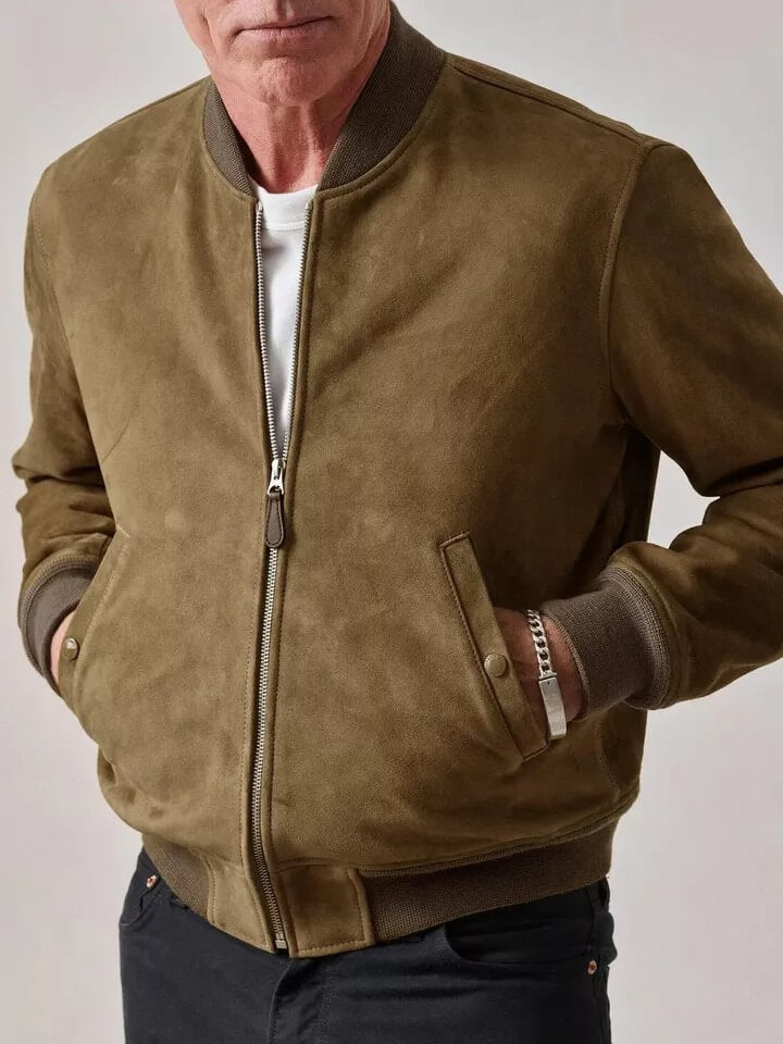 Veste de motard en cuir suédé véritable marron pour homme - Coupe slim