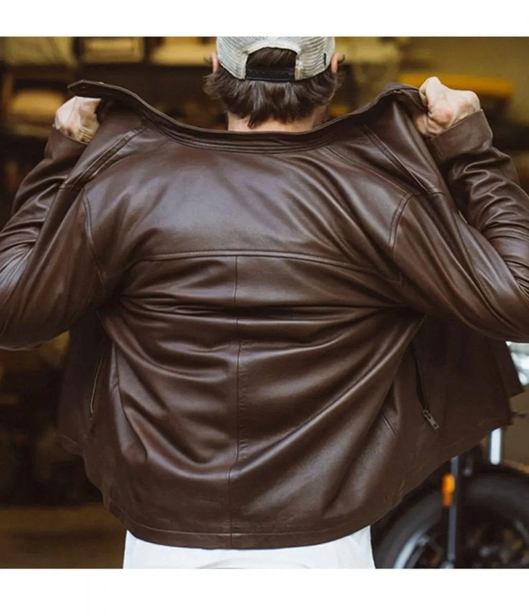 Veste moto en cuir marron Thompson pour homme