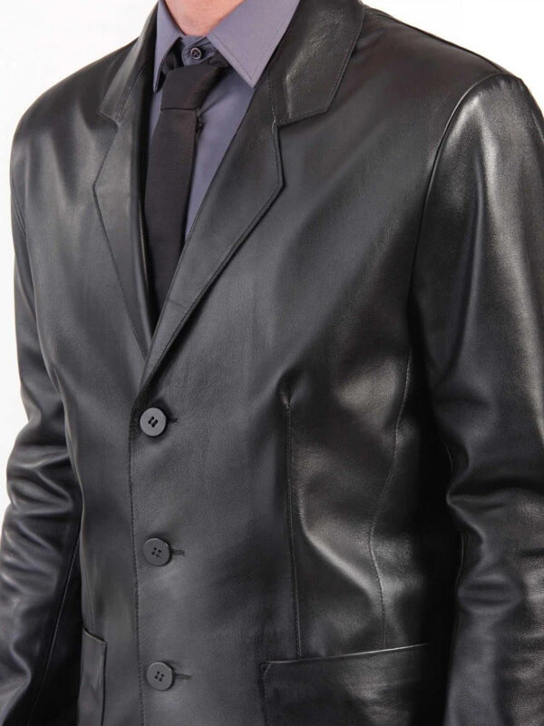 Manteau en cuir noir style blazer à trois boutons pour homme