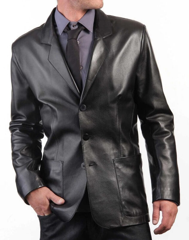 Manteau en cuir noir style blazer à trois boutons pour homme