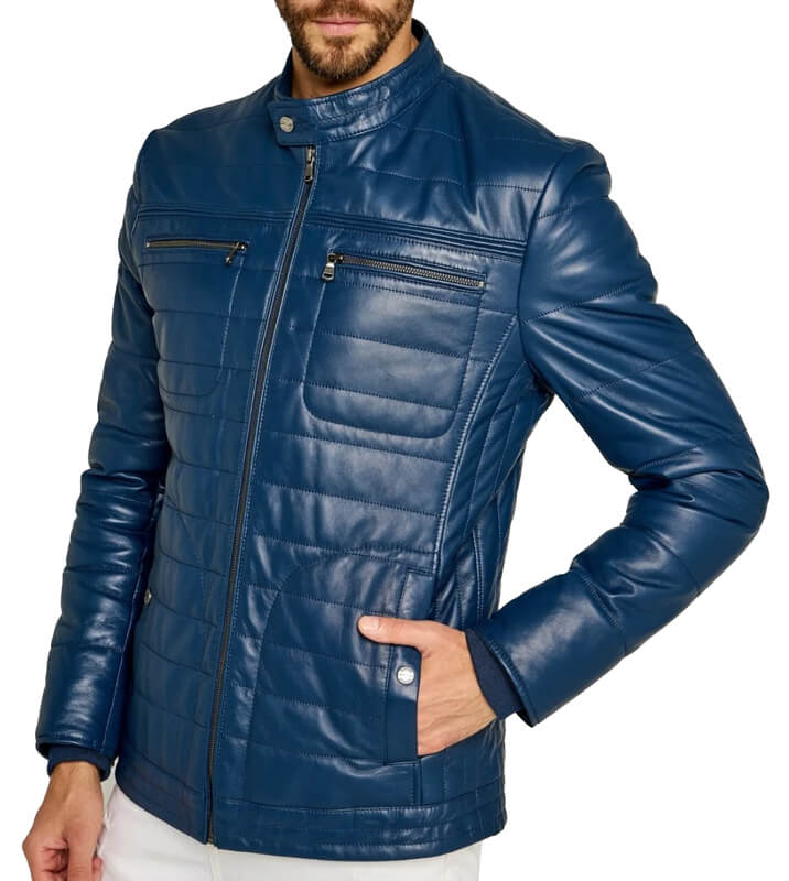 Veste en cuir bleu tendance pour homme avec coutures rayées