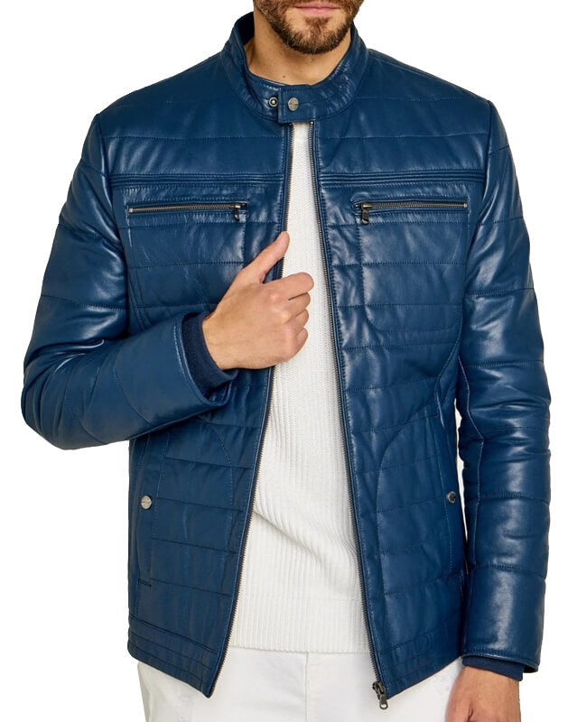 Veste en cuir bleu tendance pour homme avec coutures rayées