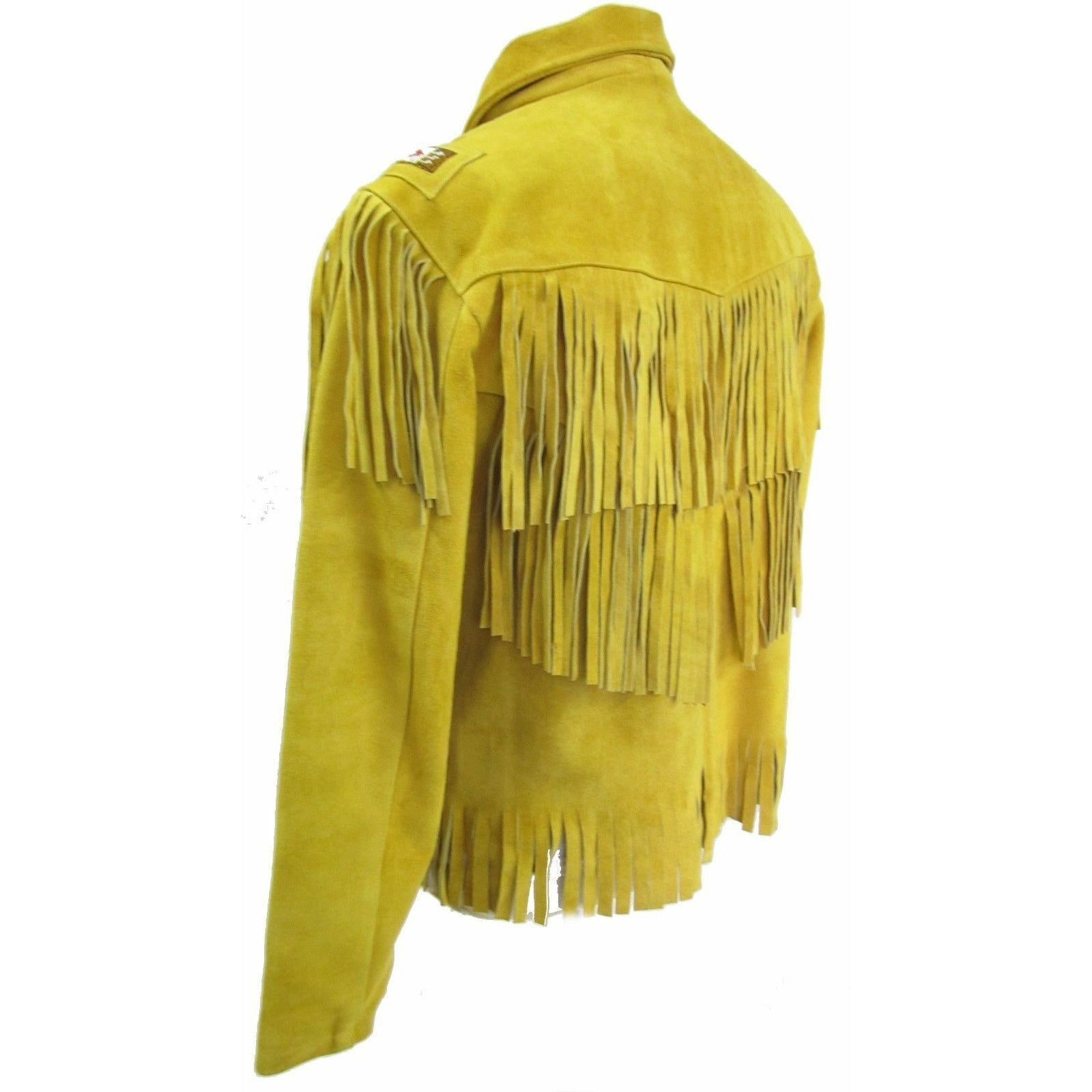 Unisex Yellow Suede Leather Jacket - Vintage Cow-boy Fringes & Beads Coat