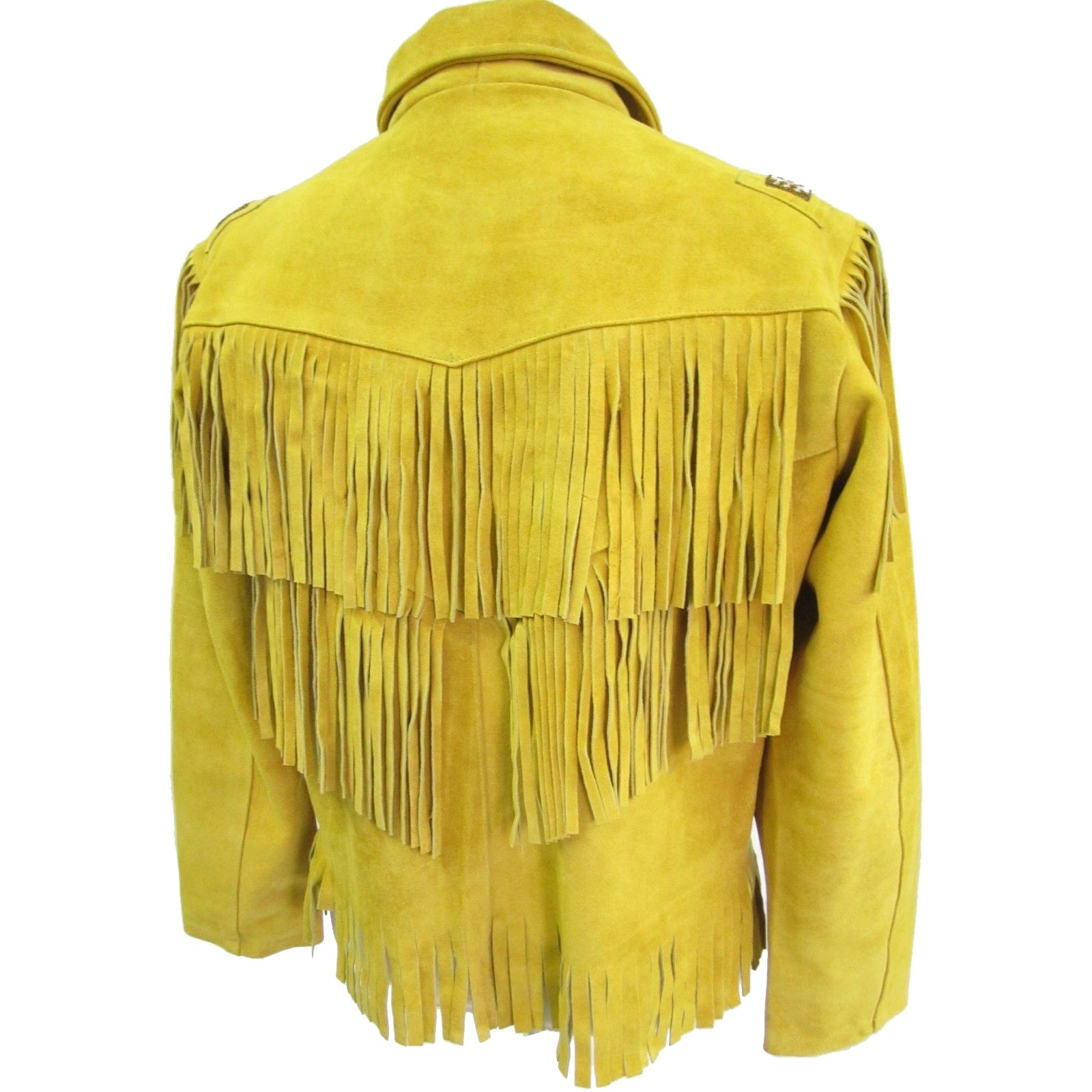 Unisex Yellow Suede Leather Jacket - Vintage Cow-boy Fringes & Beads Coat