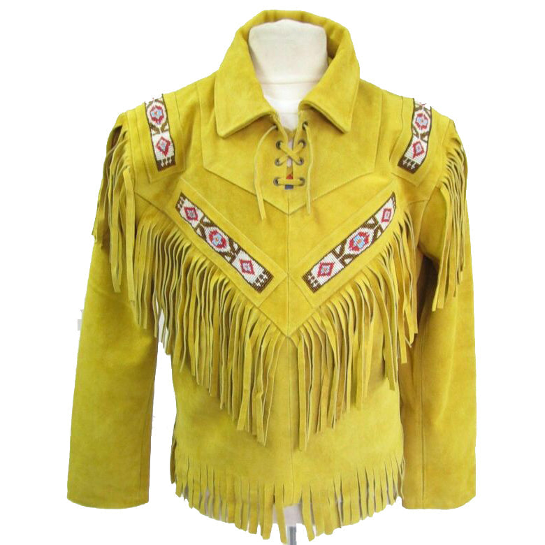 Unisex Yellow Suede Leather Jacket - Vintage Cow-boy Fringes & Beads Coat