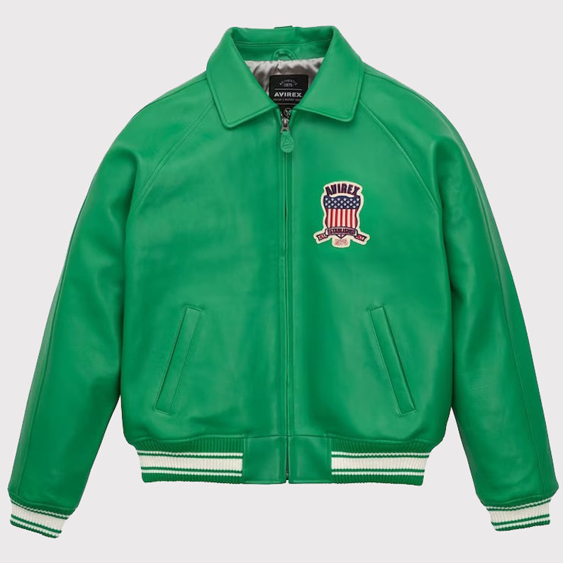 USA Edition Military Bomber Leather Jacket - Green Icon