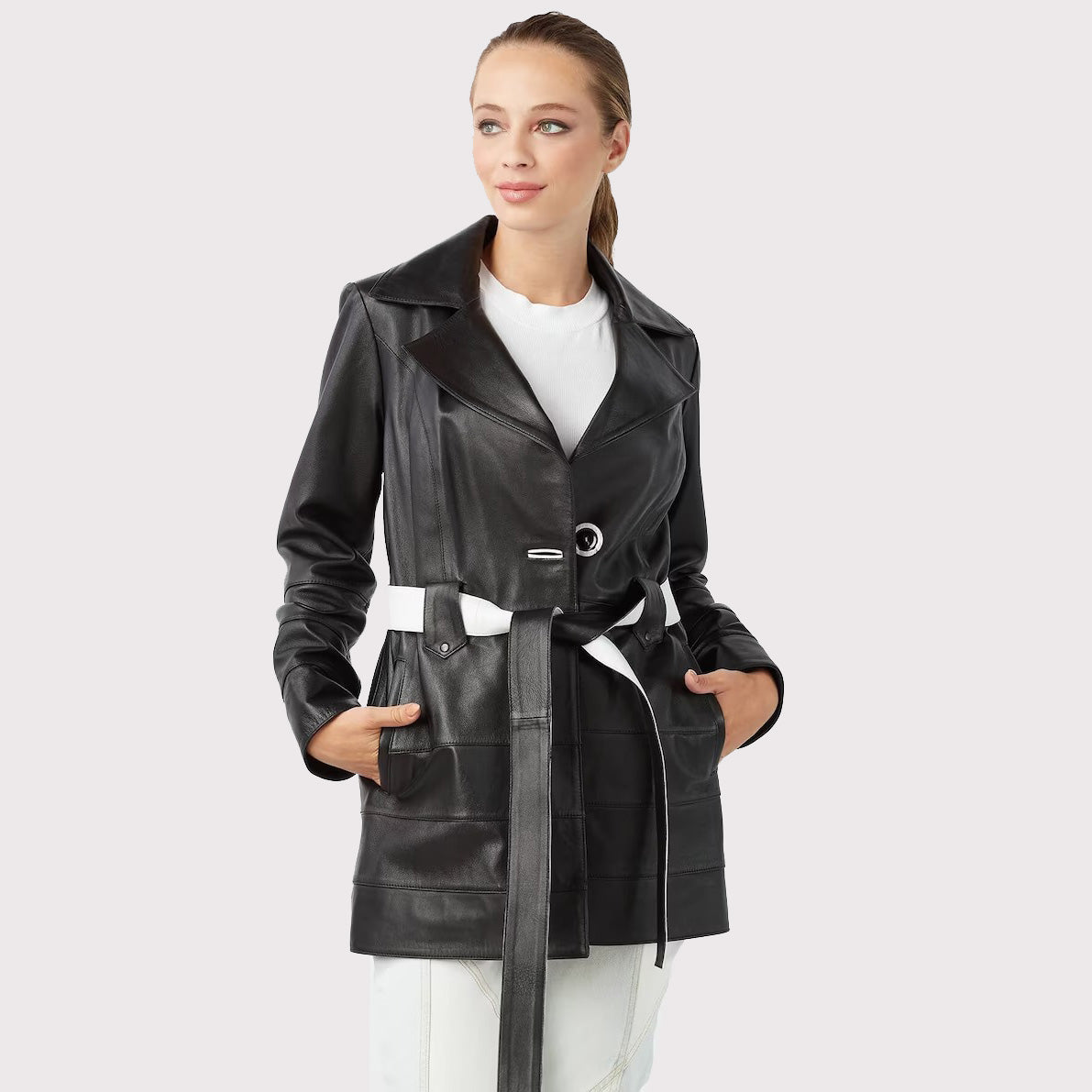 Vintage Black Leather Trench Coat for Women