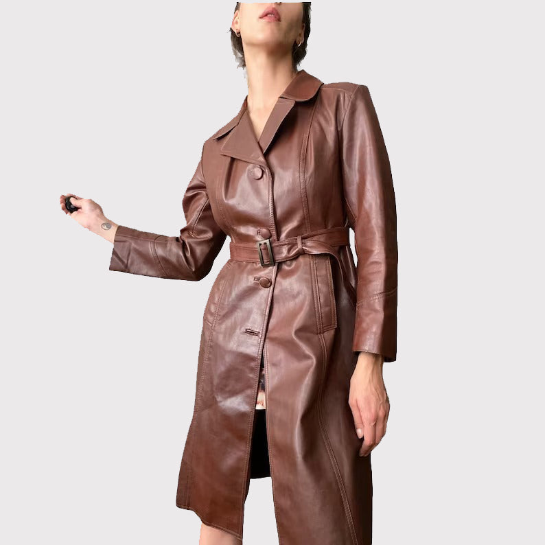 Vintage Chocolate Brown Leather Trench Coat