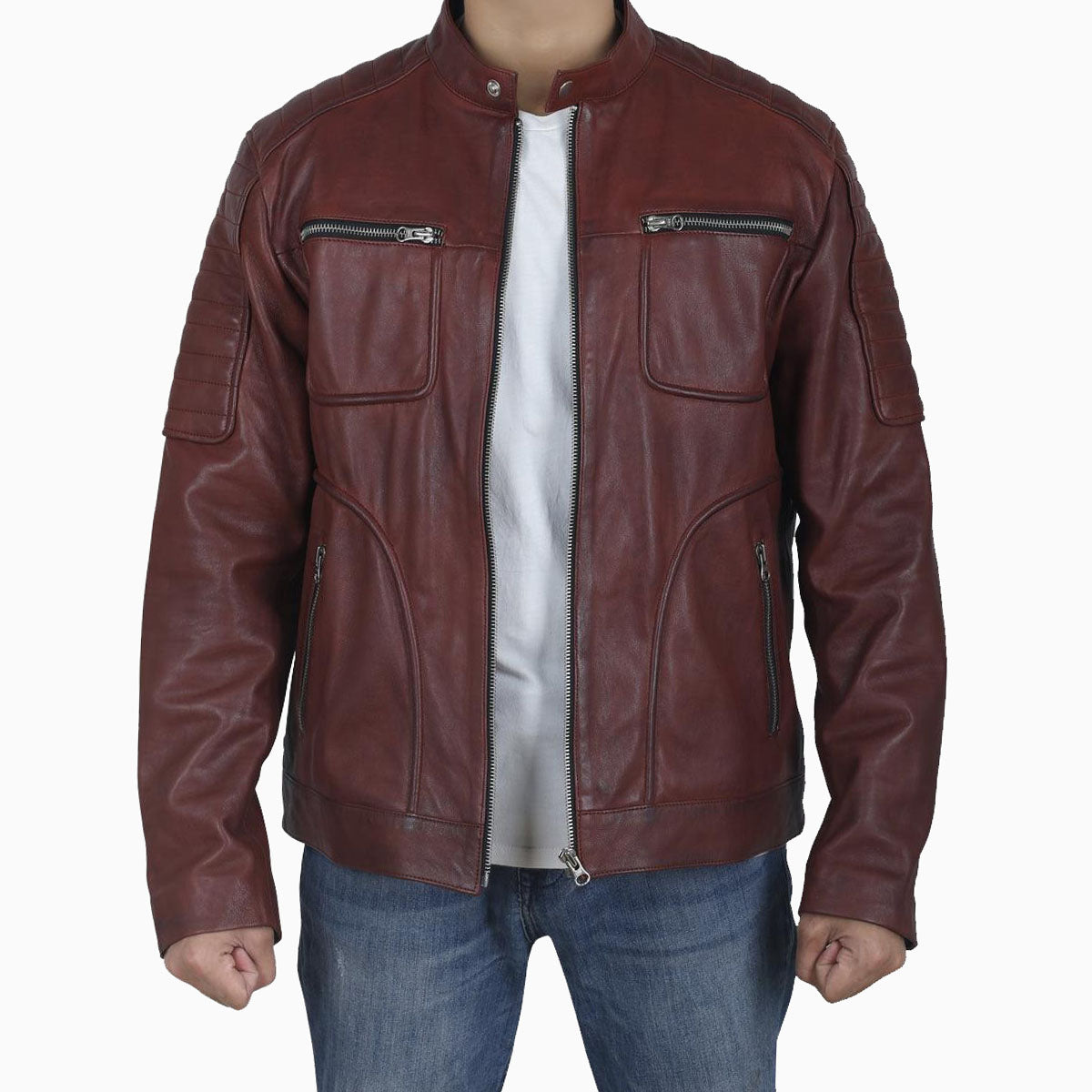 Vintage Men's Maroon Cafe Racer Leather Jacket