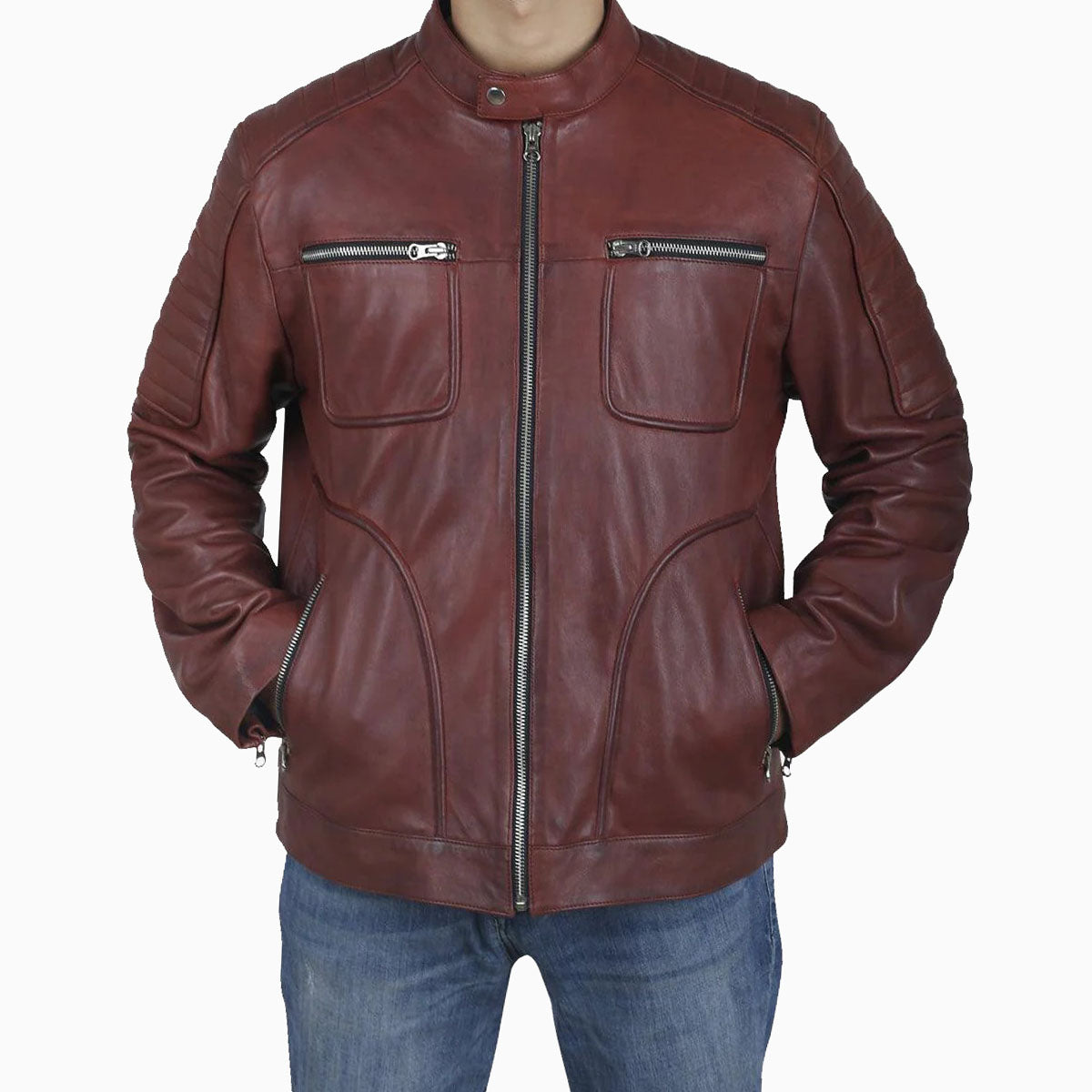 Vintage Men's Maroon Cafe Racer Leather Jacket