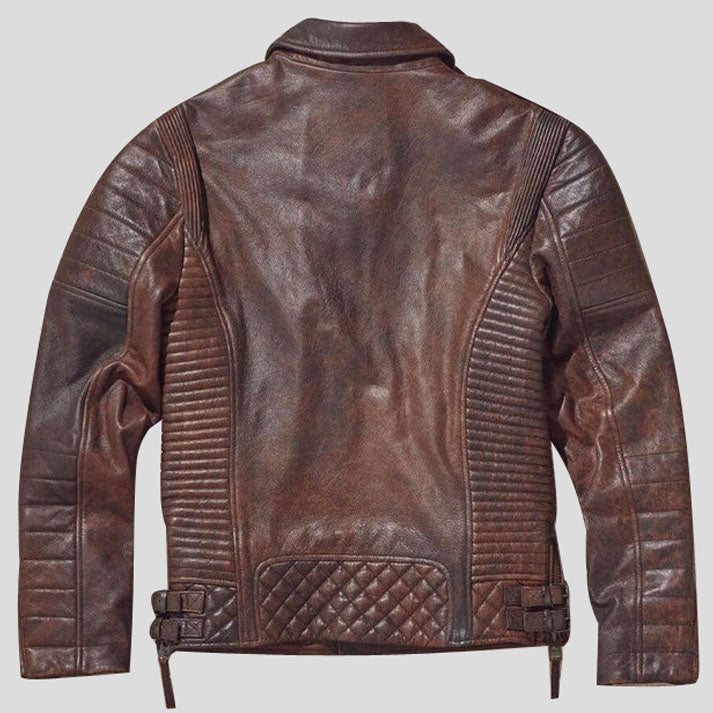 Veste de moto en cuir marron ciré pour homme