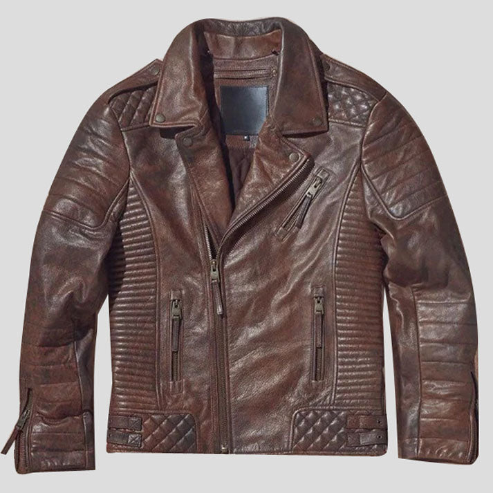 Veste de moto en cuir marron ciré pour homme