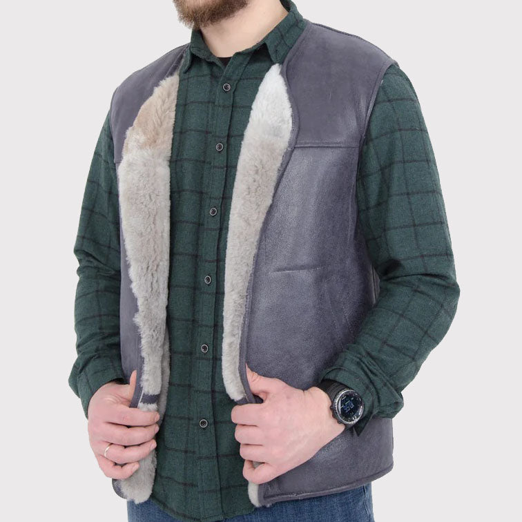 Gilet en peau de mouton pour homme avec fourrure blanche