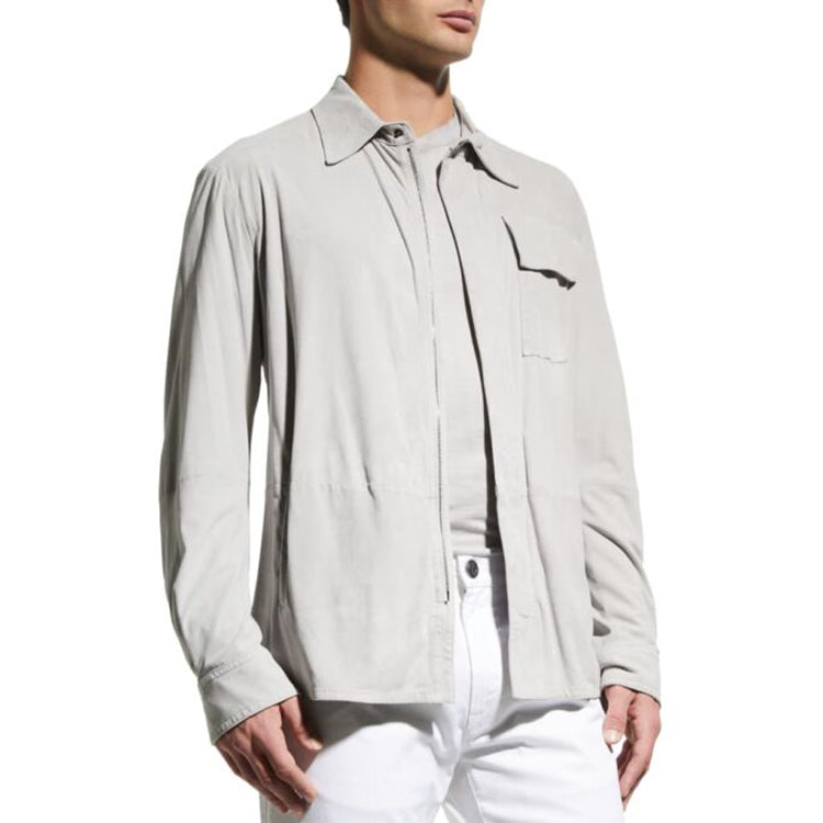 White Suede Genuine Leather Shirt Men's