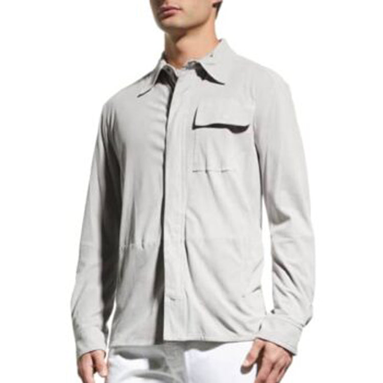 White Suede Genuine Leather Shirt Men's