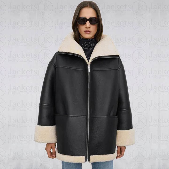 Women Black Aviator Fur Flight B3 Sheepskin RAF Shearling Leather Jacket