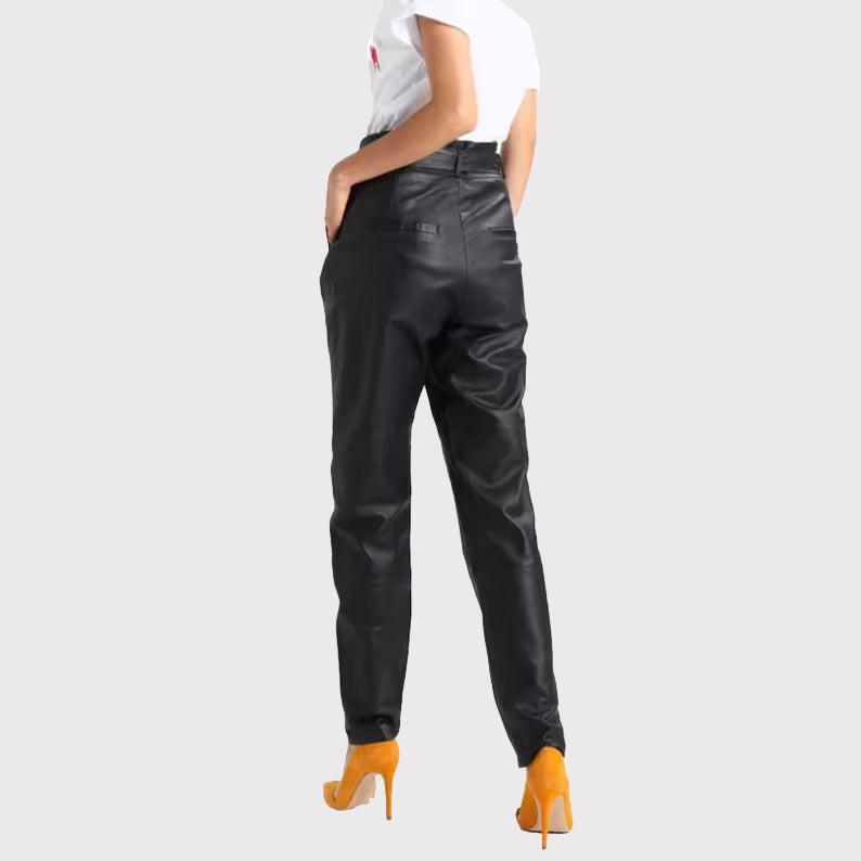 Pantalon en cuir véritable noir pour femme