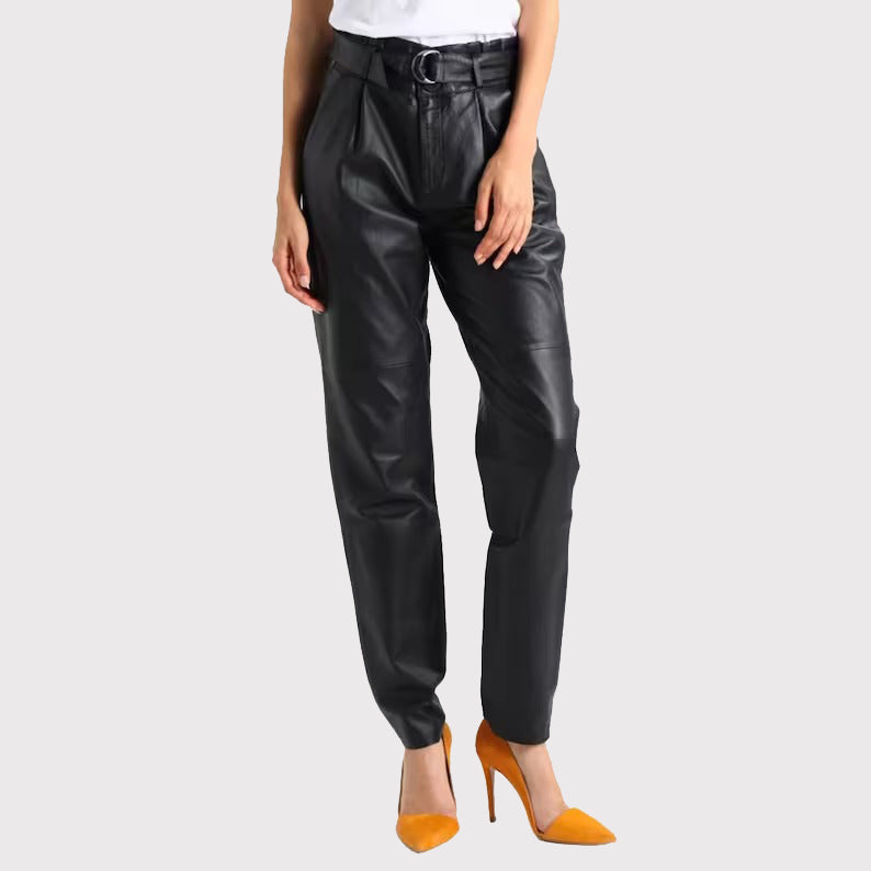 Pantalon en cuir véritable noir pour femme