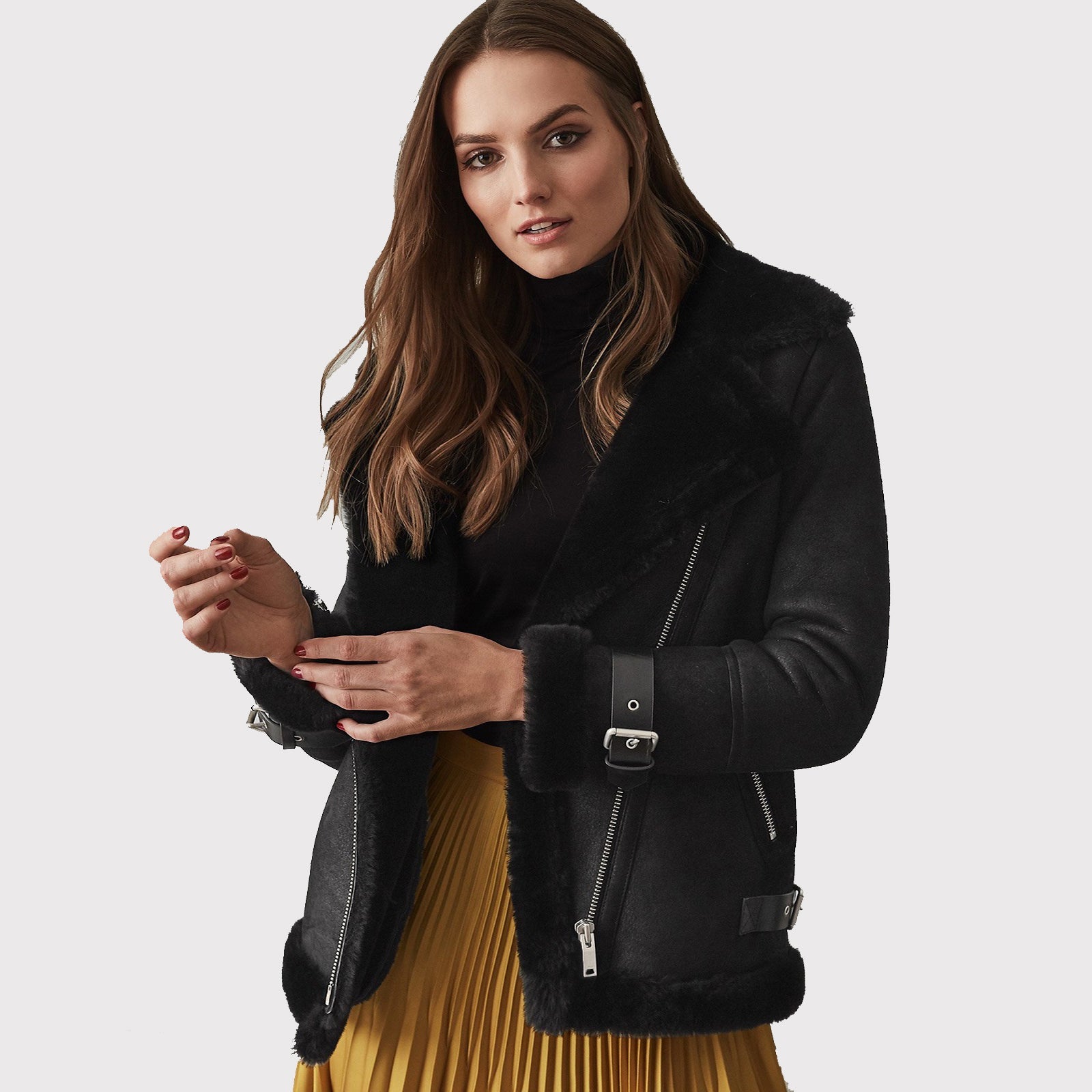 Veste en cuir et peau de mouton noire pour femme