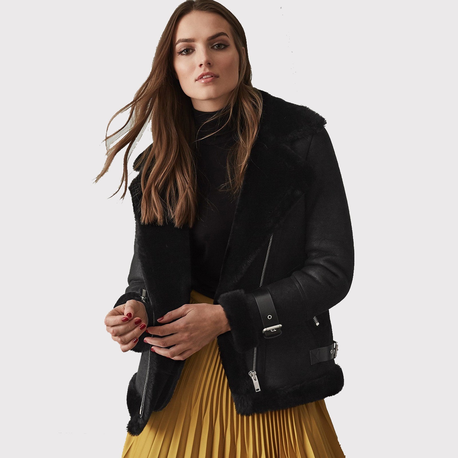 Veste en cuir et peau de mouton noire pour femme