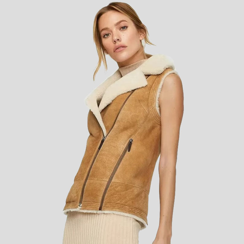 Gilet aviateur en peau de mouton retournée marron B3 pour femme