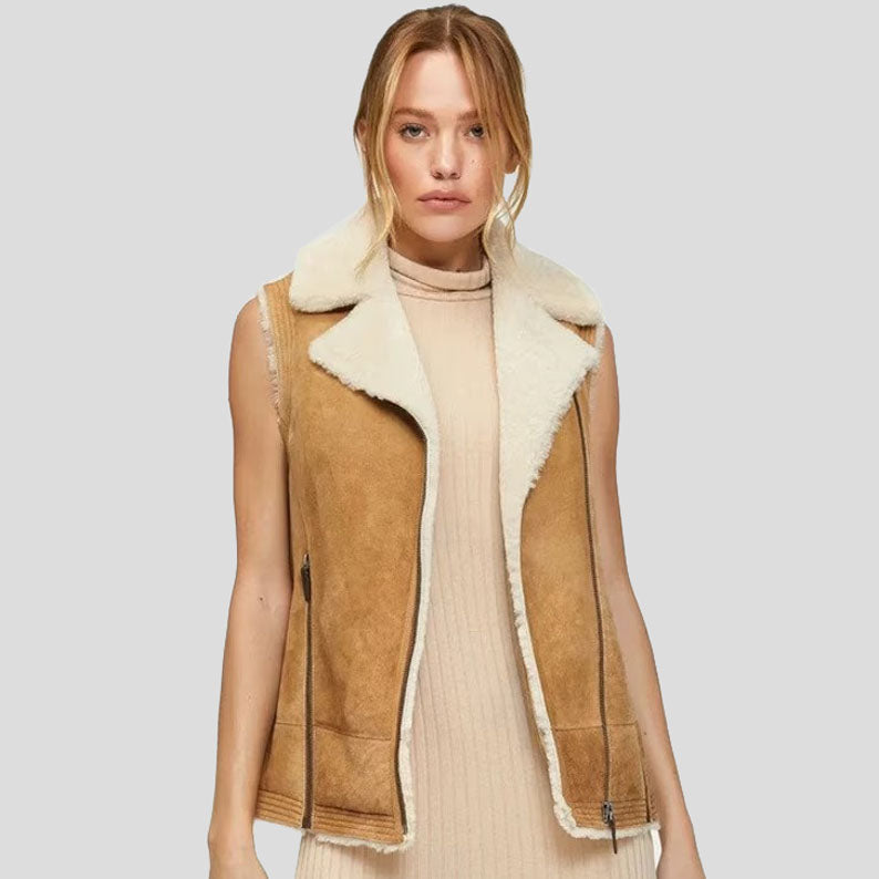 Gilet aviateur en peau de mouton retournée marron B3 pour femme